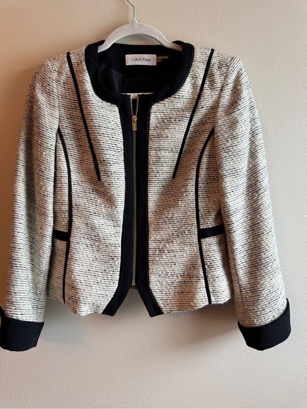 Calvin Klein Black and White Textured Zip-Front Blazer